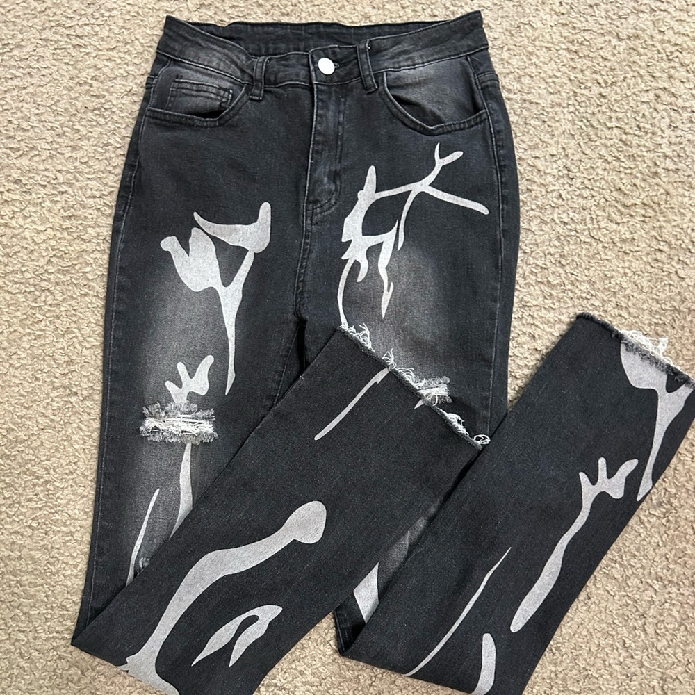 SHEIN Womens Black Gray Distressed Jeans Size Med (8)